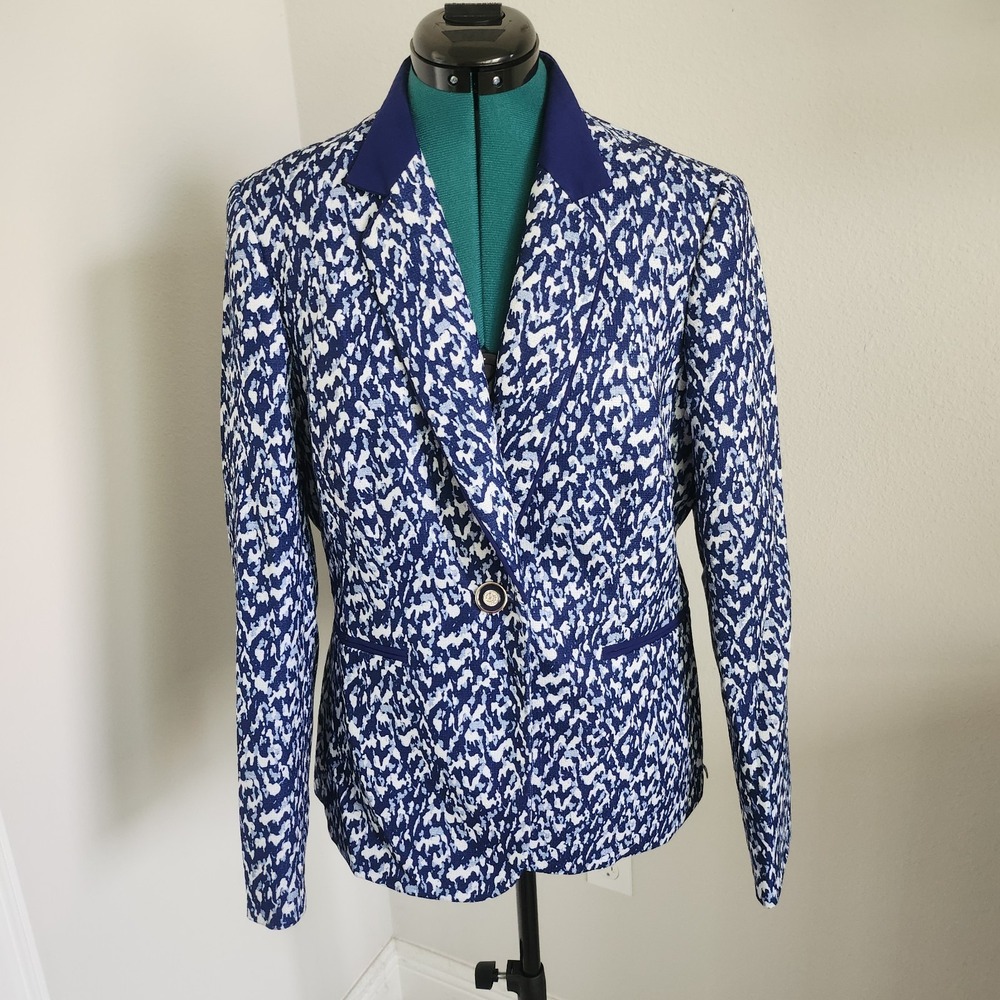 Emily Womens Blazer Blue and White Lined Faux Hand Pockets Size 12 Notched Lapel
